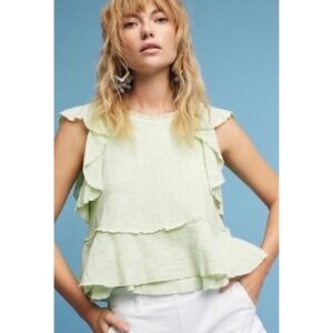 Maeve Anthropologie Mint Green Ruffle Tiered Peplum Cotton Top XS OB615958